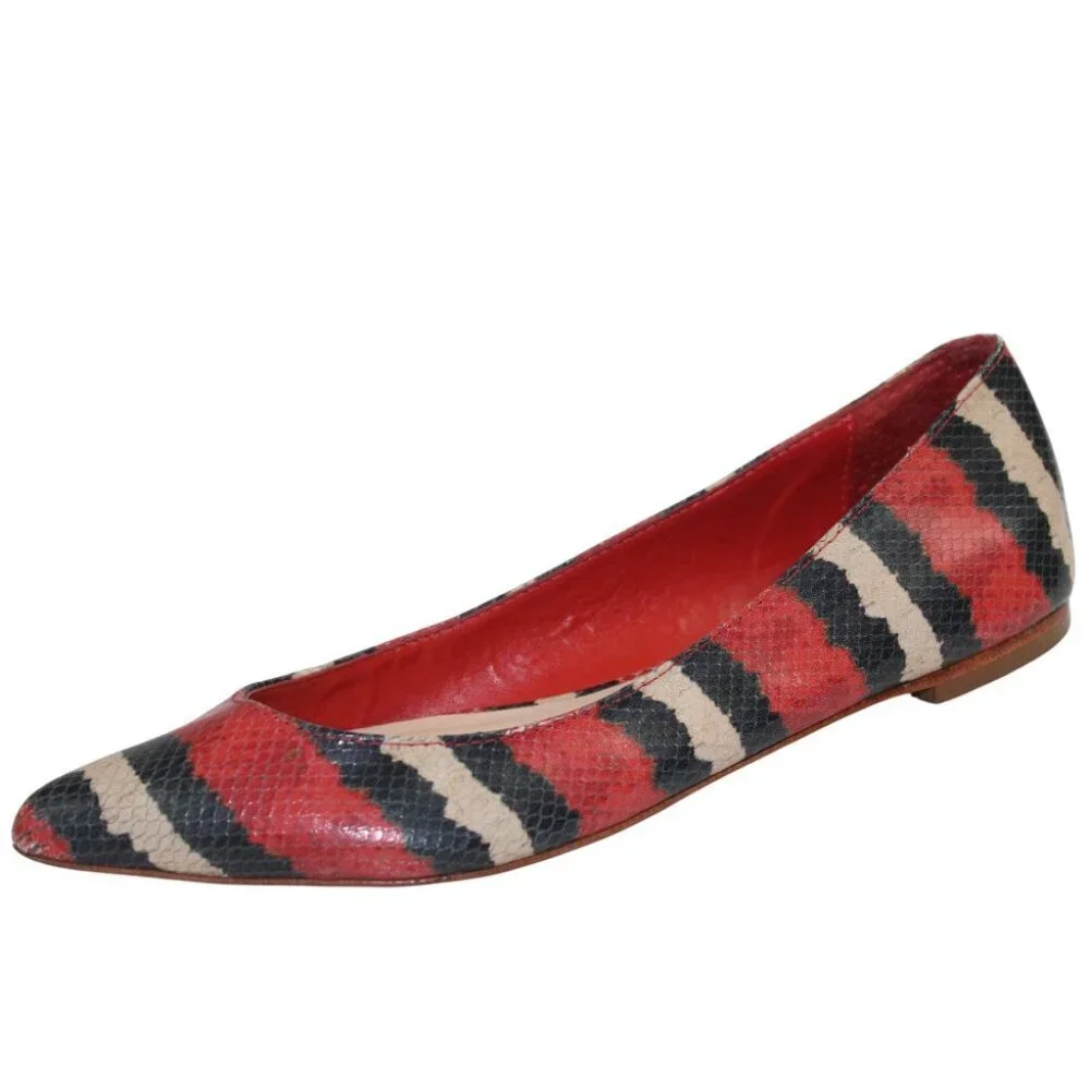 Loeffler Randall Statement Striped Pointed Toe Flats Red Black White Size 6